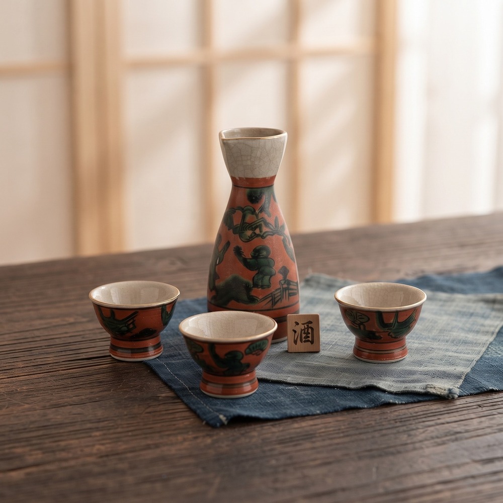 Vintage Kutani Japanese Sake Set Tokkuri Decanter 3 Ochoko Cups Red Green Gold